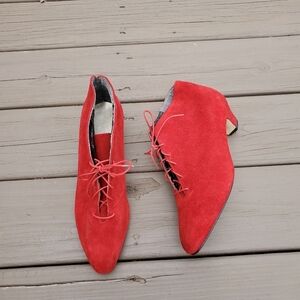 Vintage 80s Red Suede Leather Retro Pin Up Girl Lace-up Granny Lolita Booties 11